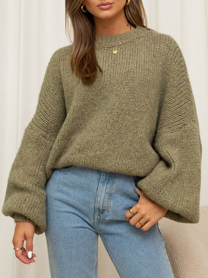 Damen Oversized-Pullover Grobgestrickt Voluminöse Ärmel Beige