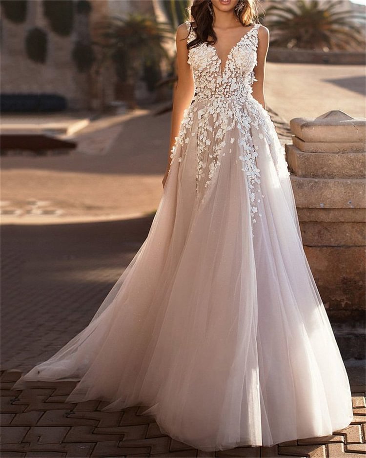 Damen Hochzeitskleid mit Floralmuster V-Ausschnitt