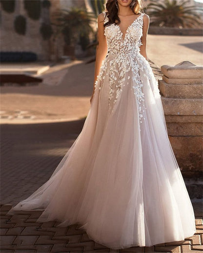 Damen Hochzeitskleid mit Floralmuster V-Ausschnitt