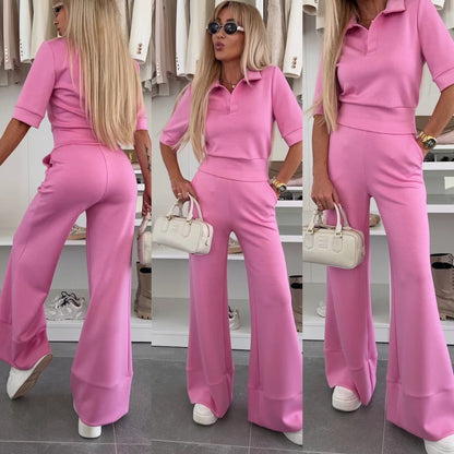 Damen Poloshirt Palazzo Hosen Set Trendig