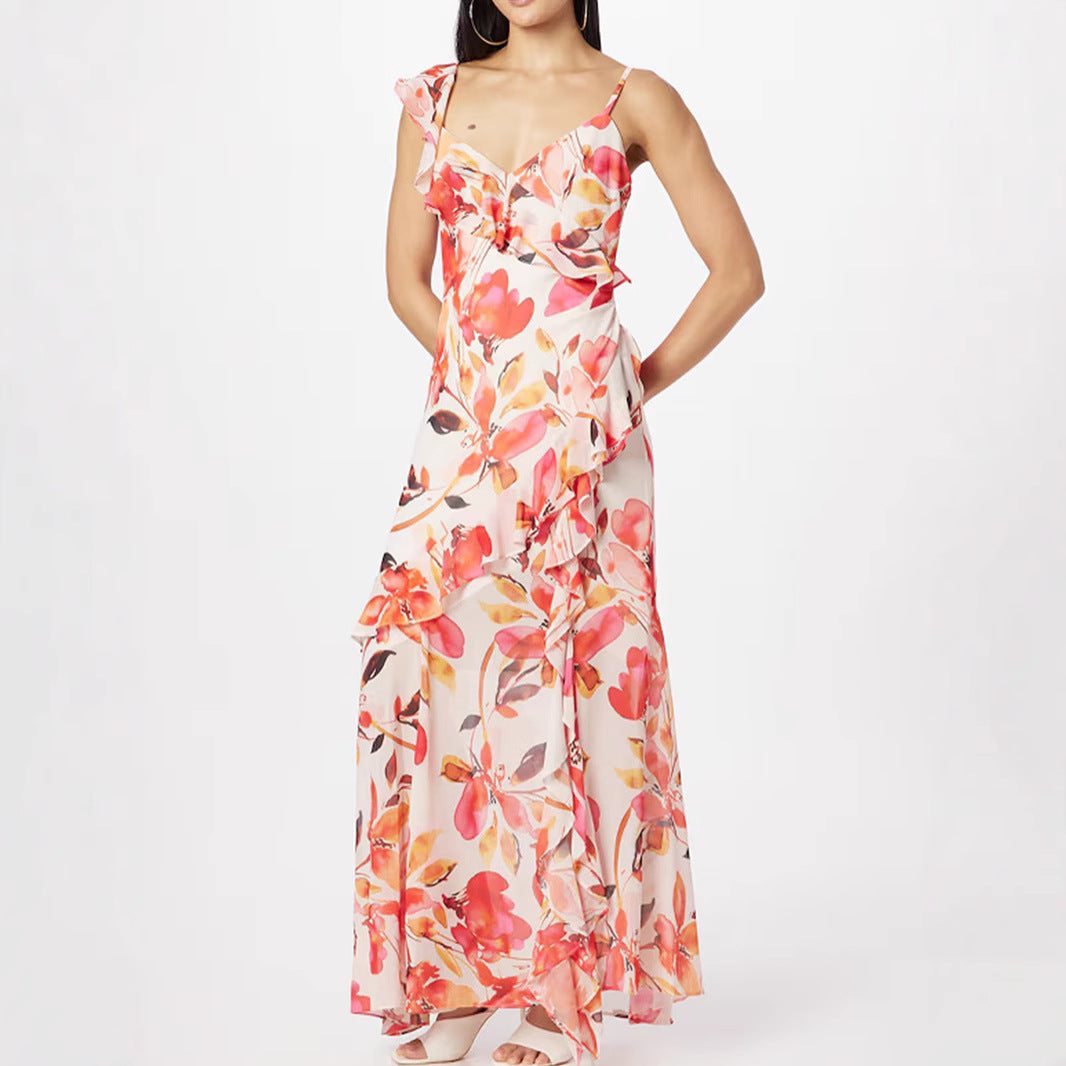 Damen Maxikleid Schulterfrei Flora Rüschen