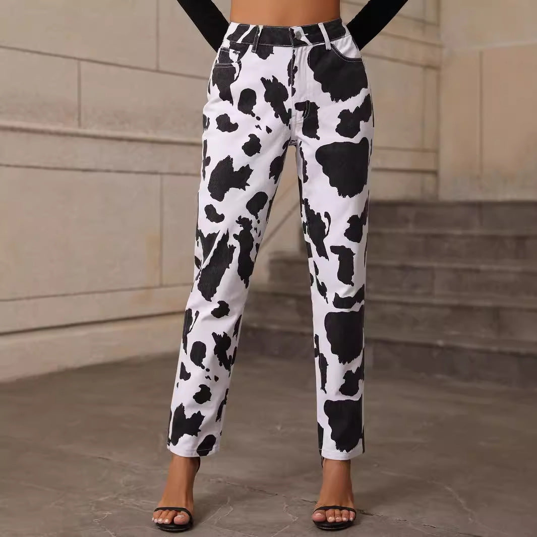 Damen Jeanshose Kuhflecken-Muster Norvielle