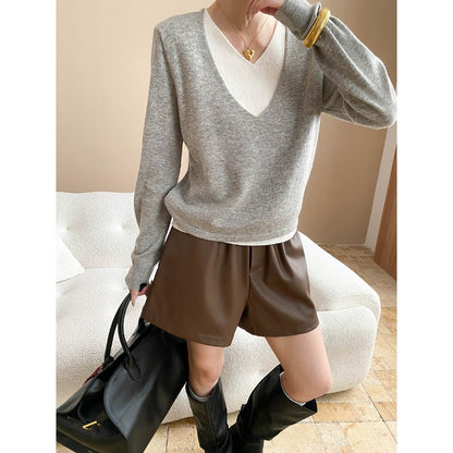 Damen Pullover V-Ausschnitt Weiches Material Feine Rippstruktur Beige