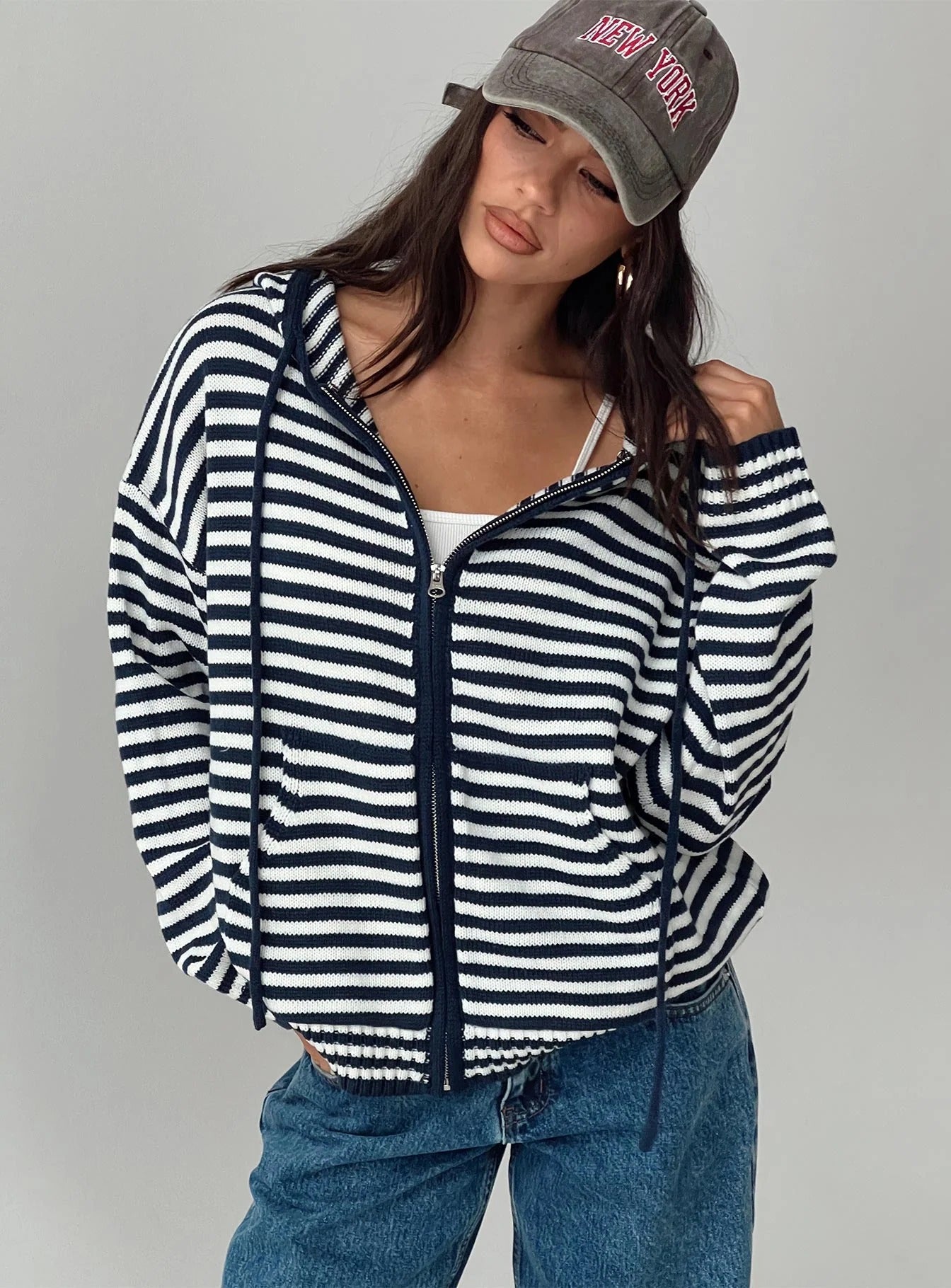 Damen Cardigan Gestreift Hochwertiger Reißverschluss Lässig Norvielle