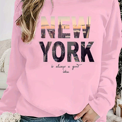 Damen Sweatshirt New York Skyline Druck Baumwolle Gemütlich Grau