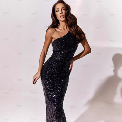 Damen Abendkleid Asymmetrischer Schnitt Pailletten