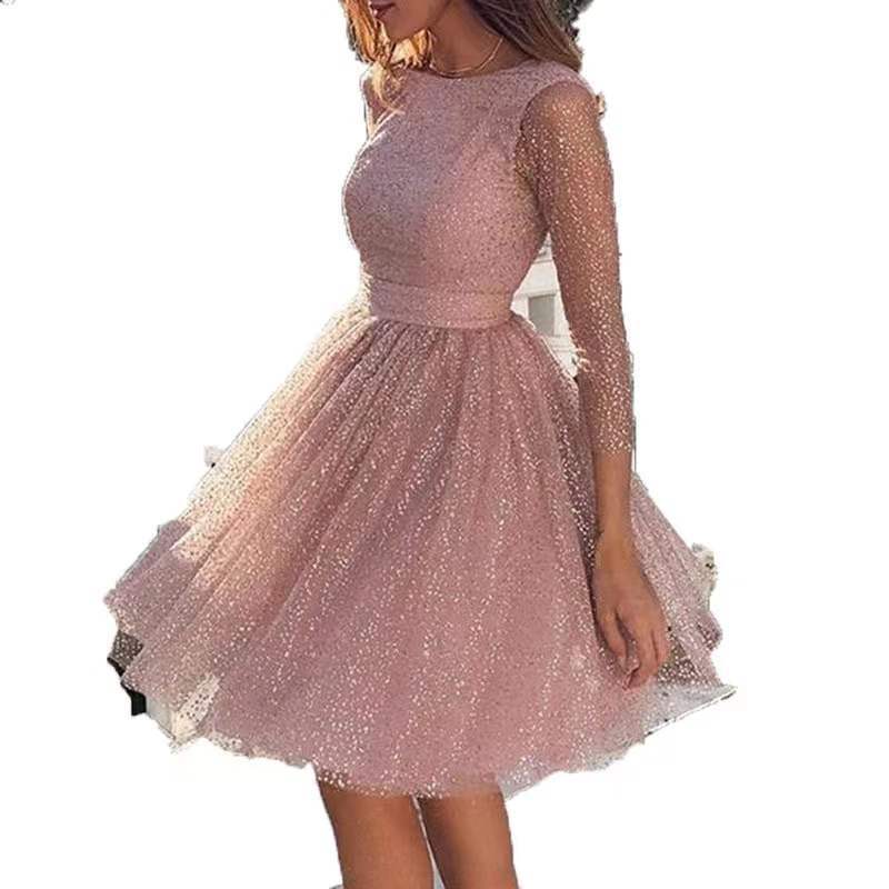 Damen Tüllkleid Langärmlig Glitzernd