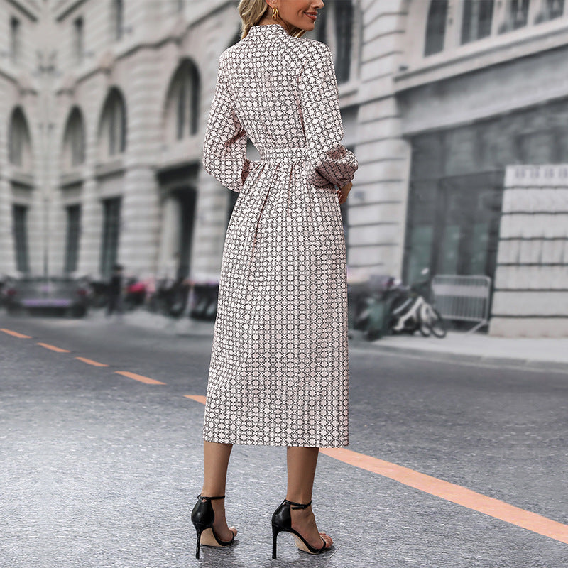 Damen Langarmhemdkleid mit Bindegürtel Muster