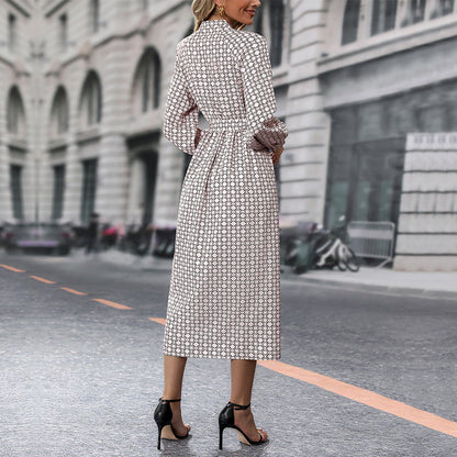 Damen Langarmhemdkleid mit Bindegürtel Muster