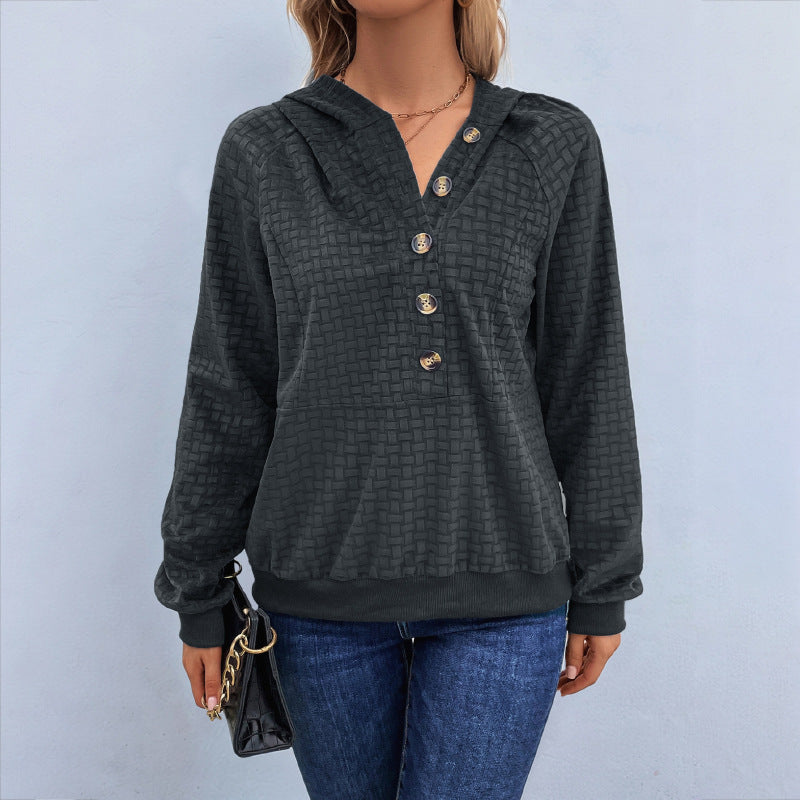 Damen Kapuzenpullover Strukturiertes Design Dekorative Knöpfe