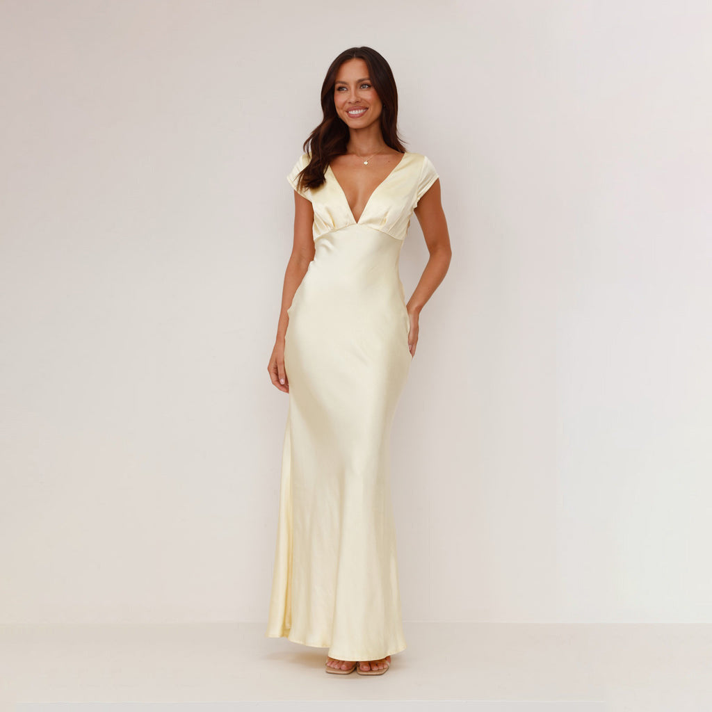 Damen Maxikleid Satin V-Ausschnitt Norvielle