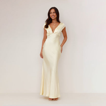 Damen Maxikleid Satin V-Ausschnitt Norvielle