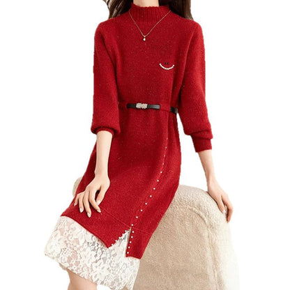 Damen Strickkleid mit Spitzensaum und Taillengürtel Norvielle