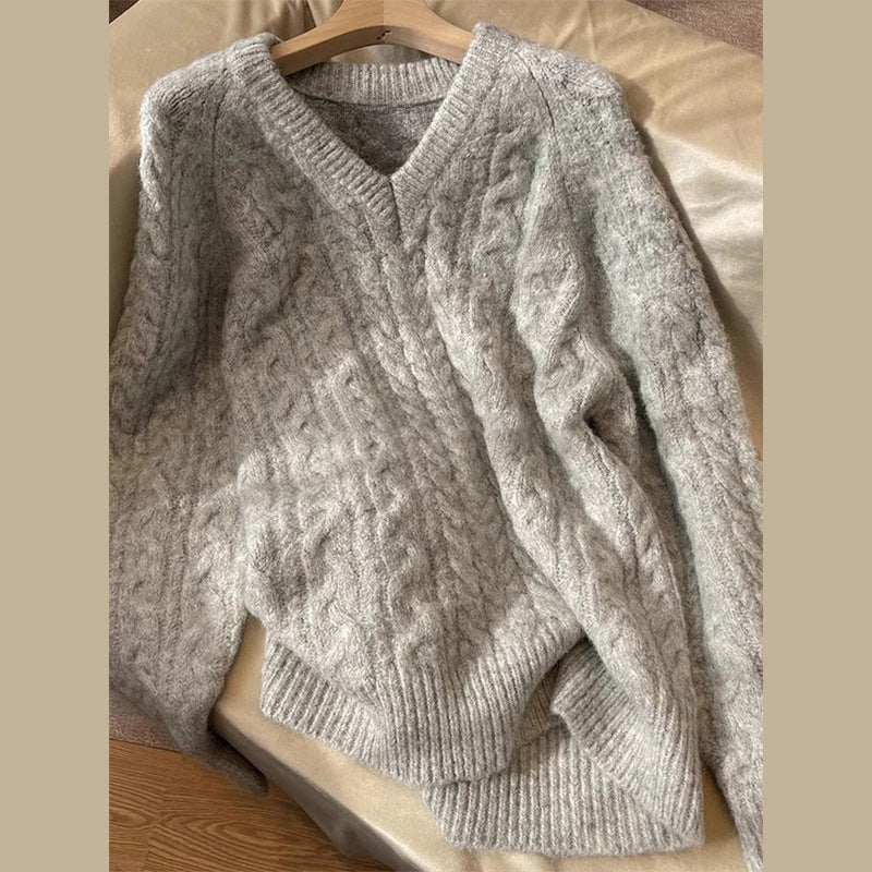 Damen Pullover Grobstrick V-Ausschnitt Zopfmuster Norvielle