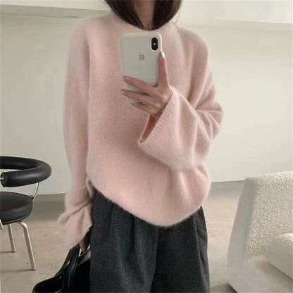 Damen Oversized Pullover Mohair-Wolle Flauschig Beige