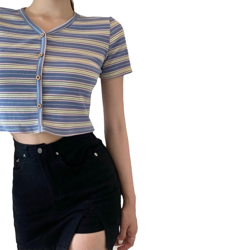 Damen Crop- Streifenmuster Baumwolle Weiß