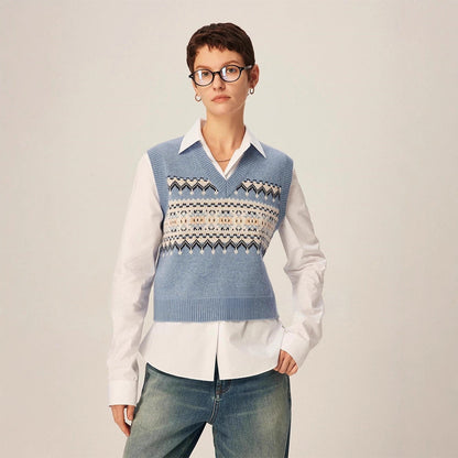Damen Strickpullover V-Ausschnitt Geometrisches Muster Norvielle - Norvielle