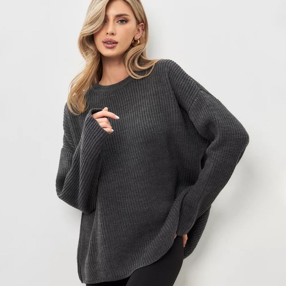 Damen Oversized Strickpullover Leichtes Rippenmuster Offene Ärmel