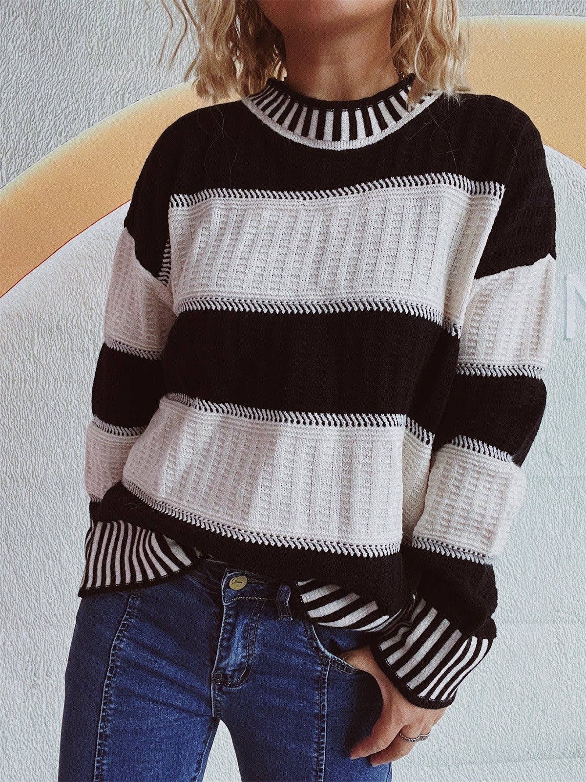 Damen Strickpullover Streifenmuster Hochbündchen Norvielle