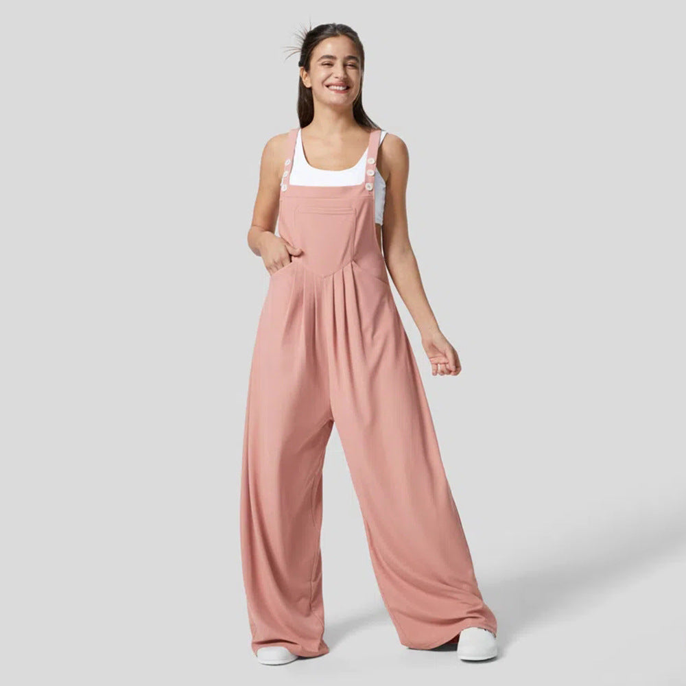 Damen Jumpsuit Weites Bein Elegantes Knopf-Design Schwarz - Norvielle
