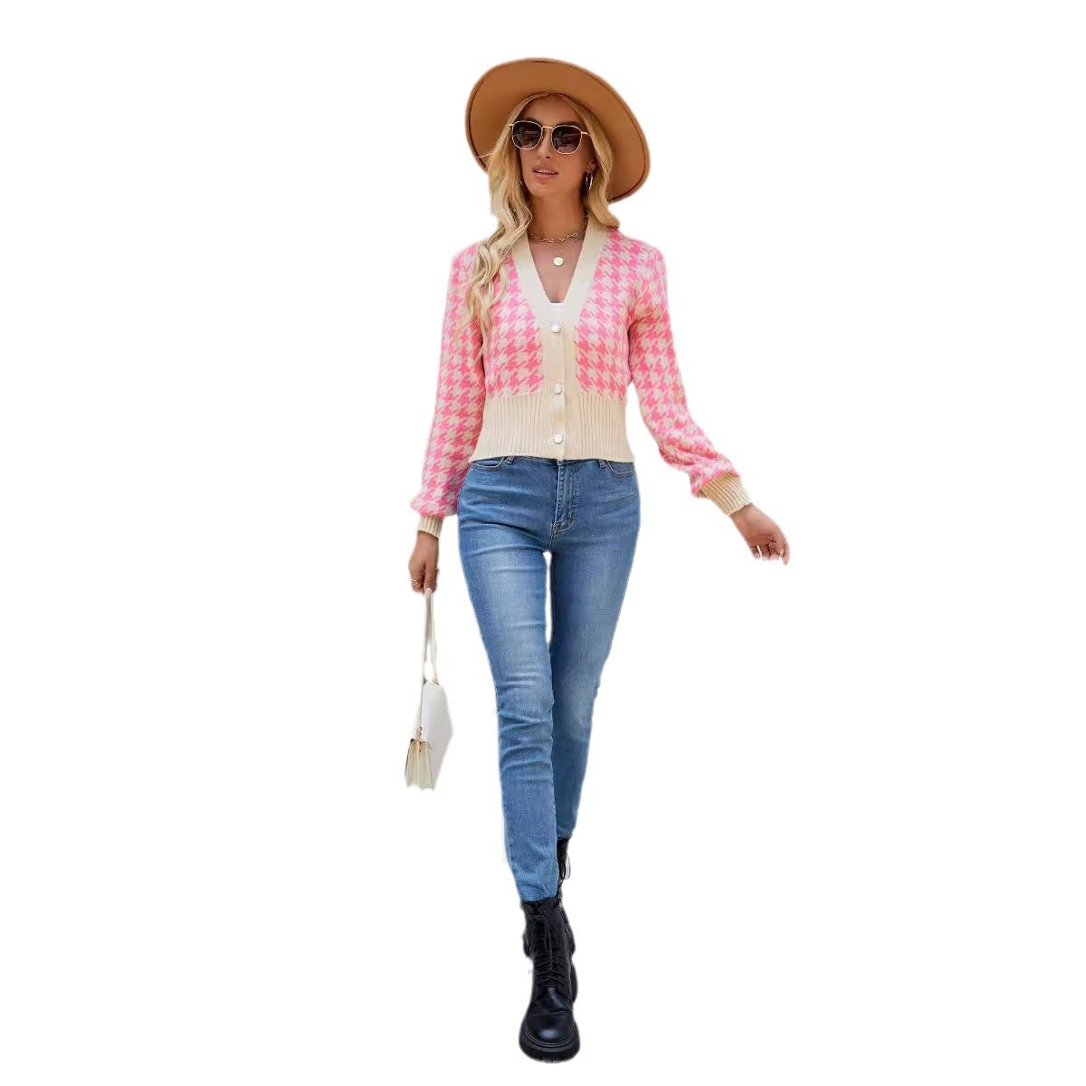 Damen Strickjacke Hahnentrittmuster Knopfverschluss Norvielle