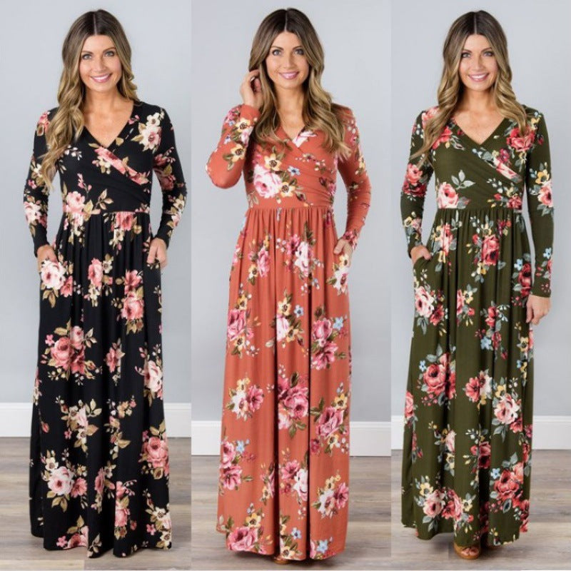 Damen Maxikleid Floralmuster Langer Ärmel Norvielle