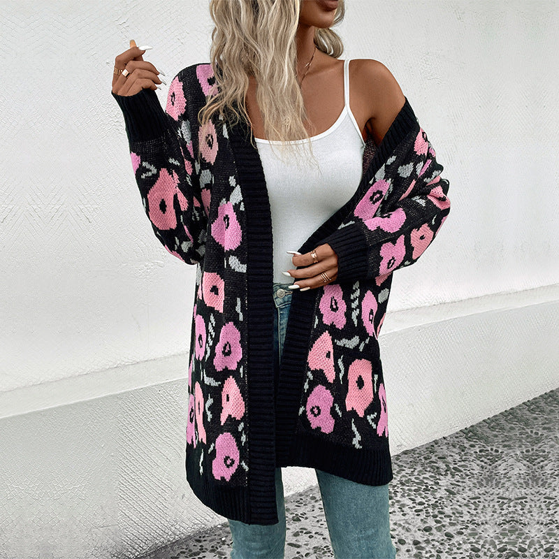 Damen Strickjacke Offener Schnitt Florales Muster Beige - Norvielle