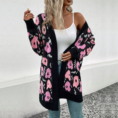 Damen Strickjacke Offener Schnitt Florales Muster Beige - Norvielle