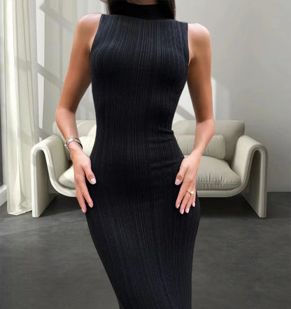 Damen Maxikleid Hohler Kragen Rippmuster Elegant