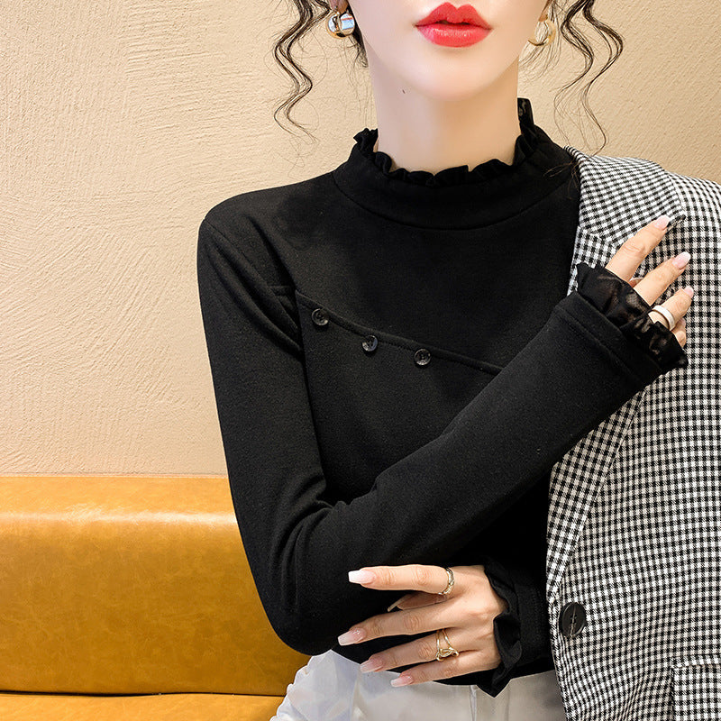 Damen Longsleeve-Shirt Dekorativ Knöpfe Raffungen Norvielle