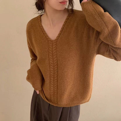 Damen Pullover V-Ausschnitt Feines Zopfmuster Norvielle