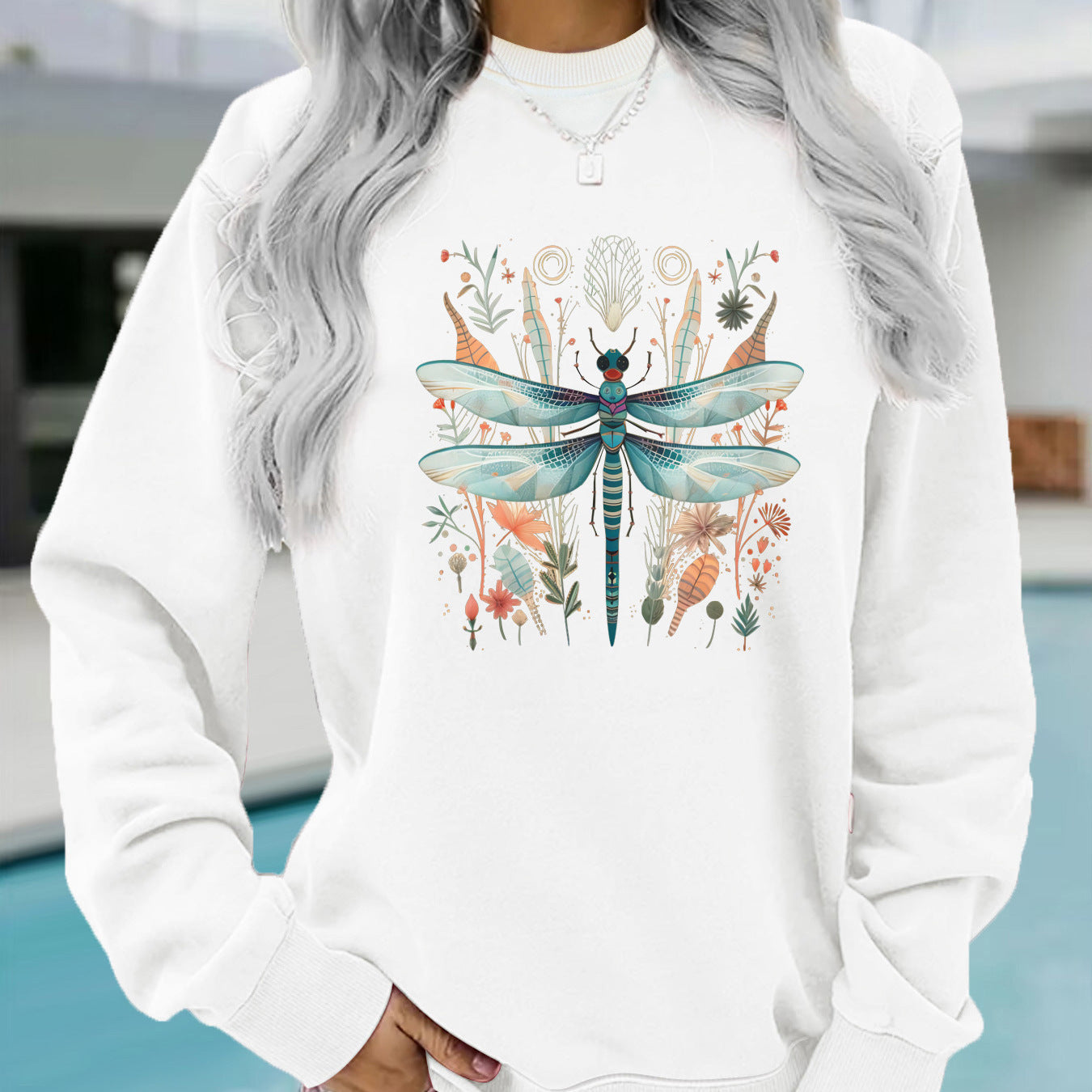 Damen Sweatshirt Libellen-Print Botanisches Design Norvielle