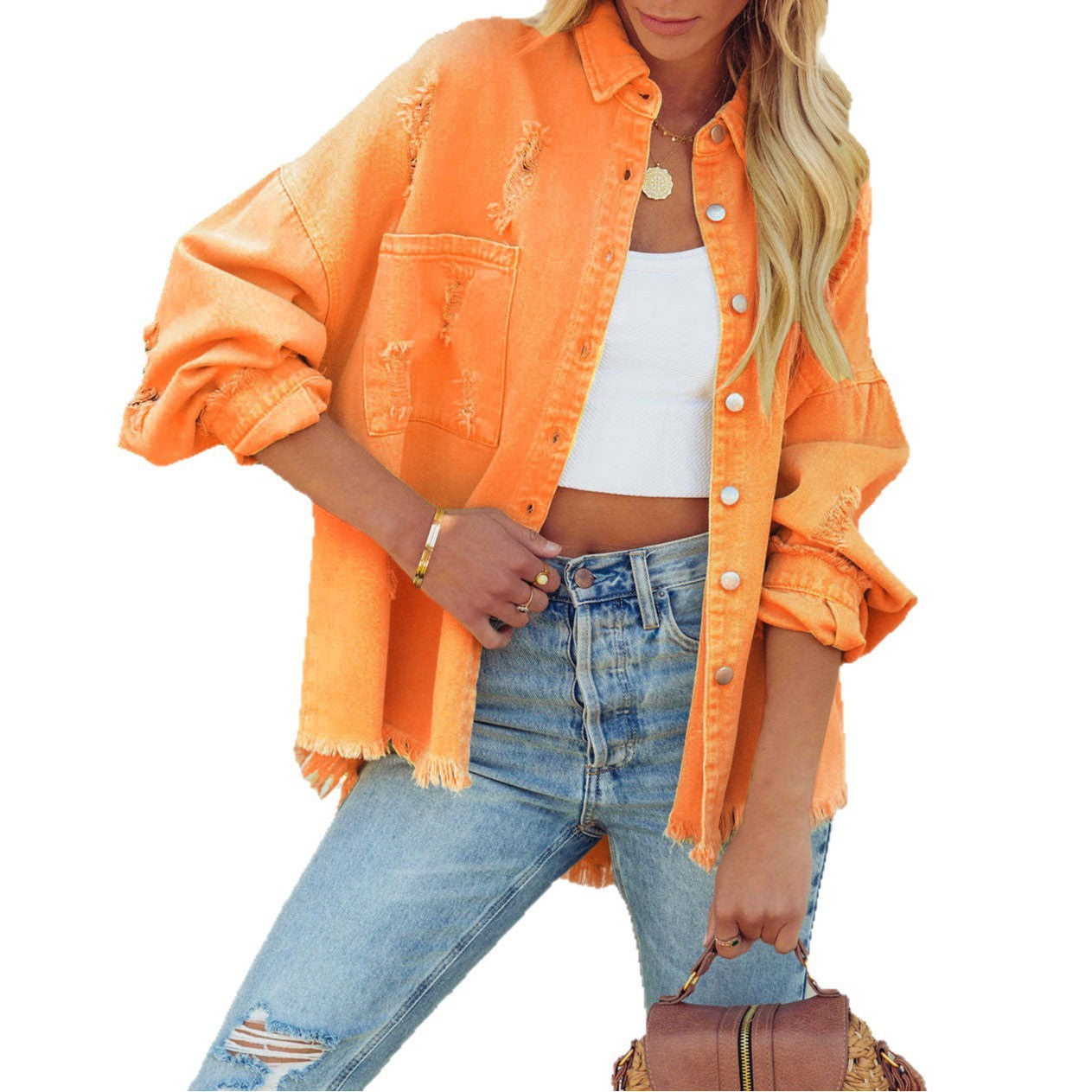Damen Oversized Denimjacke Fransensäume Knopfdesign