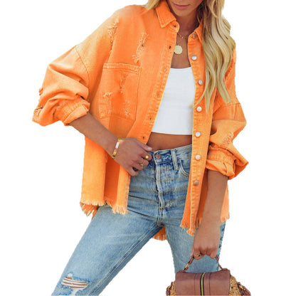 Damen Oversized Denimjacke Fransensäume Knopfdesign