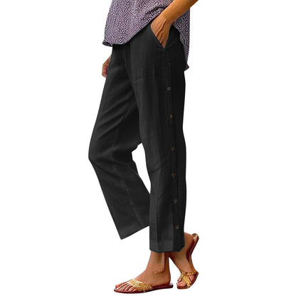 Damen Leinenhose Bequem Mit Knöpfen