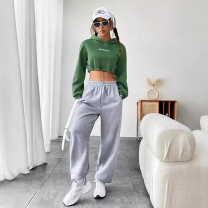 Damen Cropped Hoodie Gestickter Schriftzug Kordelzug Norvielle