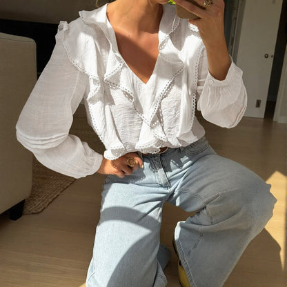 Damen Bluse Rüschendetails V-Ausschnitt Elegantes Design Norvielle