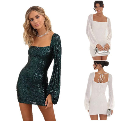 Damen Minikleid Puffärmel Pailletten