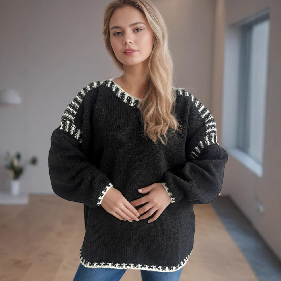 Damen Grobstrickpullover Lässiger Schnitt Gestreifte Ärmel Norvielle