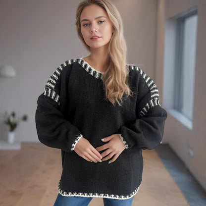 Damen Grobstrickpullover Lässiger Schnitt Gestreifte Ärmel Norvielle