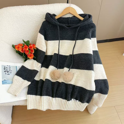 Damen Hoodie Gestreift Bommel Weiß