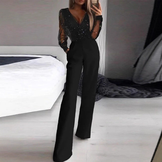 Damen Jumpsuit Elegante Bluse Transparent Schimmernd Norvielle