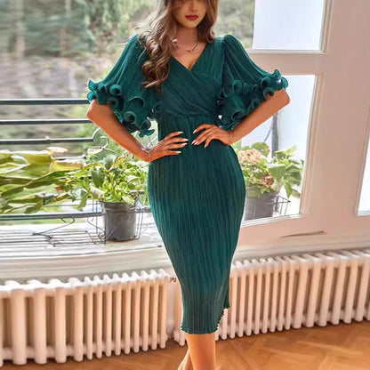 Damen Midi-Kleid Plissiert Voluminöse Ärmel Norvielle