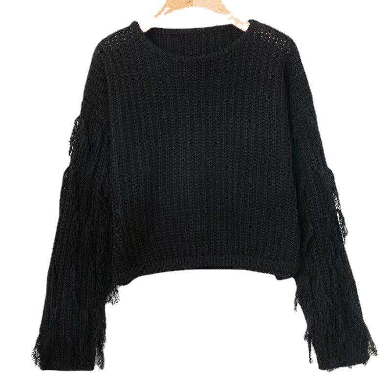 Damen Strickpullover mit Fransen Ärmeln und Struktur Oberfläche