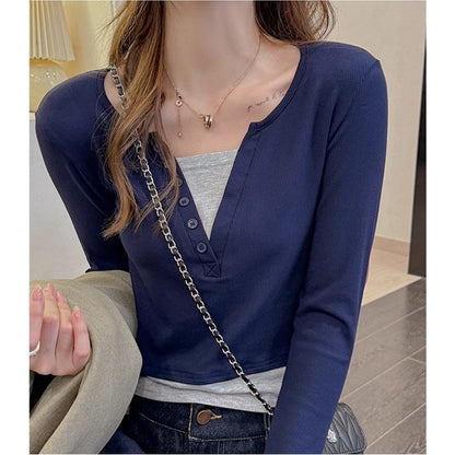 Damen Langarmshirt Knopfdesign Baumwolle Weiß