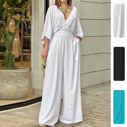 Damen High-Waist Jumpsuit Weites Bein Kimonoärmel Norvielle - Norvielle