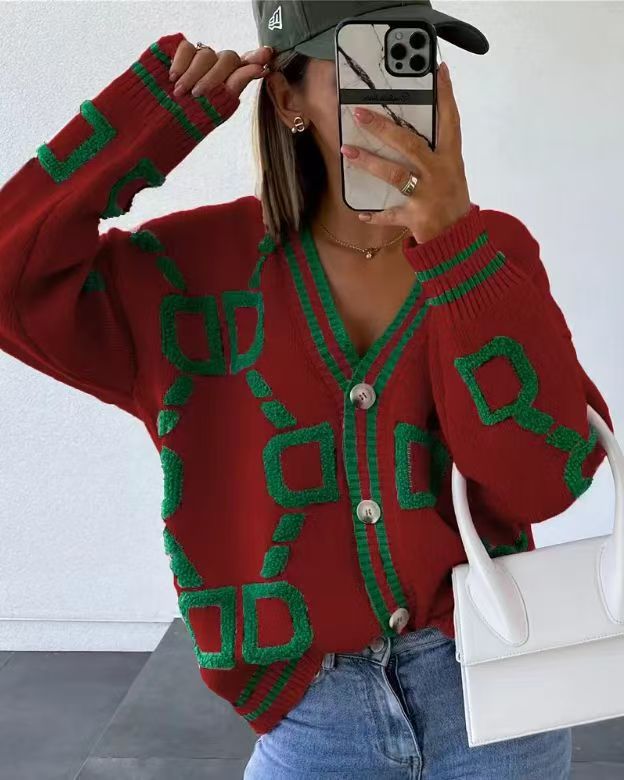 Damen Strickjacke Bunt Muster Knöpfe