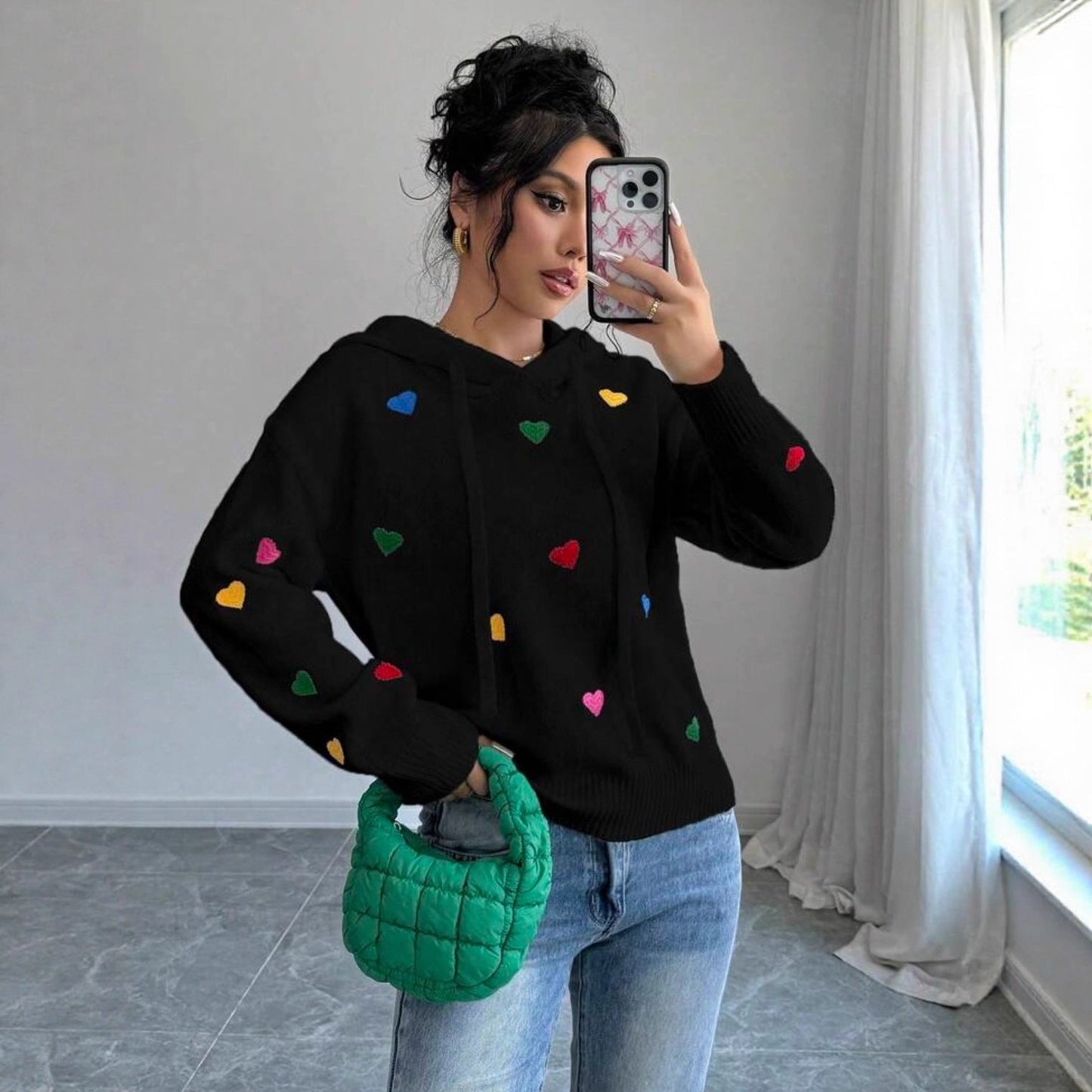 Damen Hoodie Kapuze Bunt Herzdesign