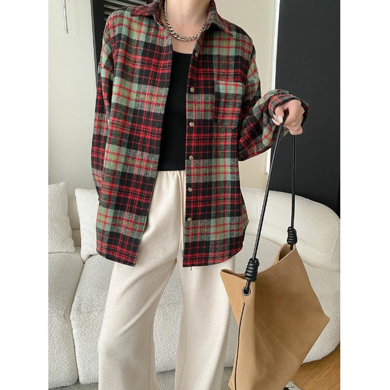 Damen Karo-Hemdjacke Lässiger Schnitt Praktische Taschen