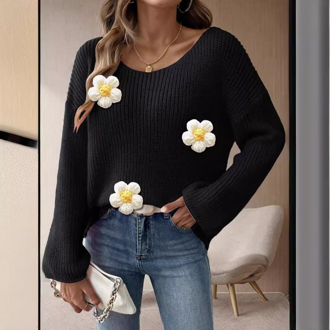 Damen Strickpullover Florales 3D-Design Weite Ärmel Norvielle